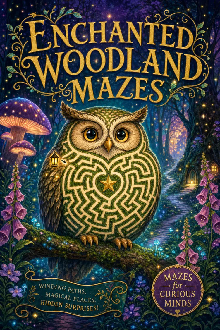Enchanted Woodland Mazes cover: an owl with maze-patterned feathers in a glowing violet forest