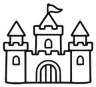 The same castle marker in black and white line art