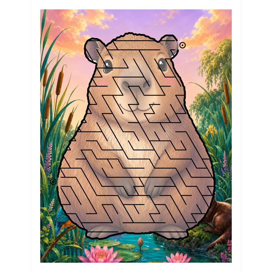 A capybara maze with the animal painted inside the shape on a jewel toned river at dusk