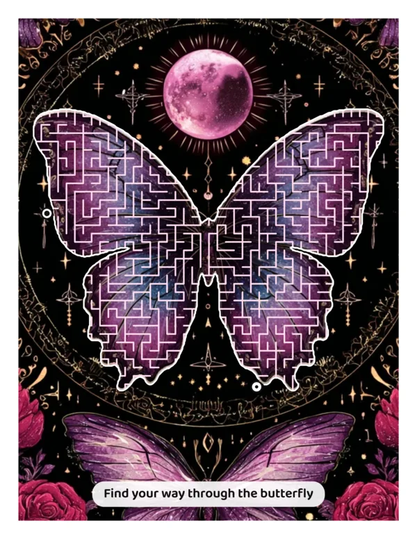 A purple butterfly carved into a maze on a dark tarot style page with a pink moon, captioned Find your way through the butterfly