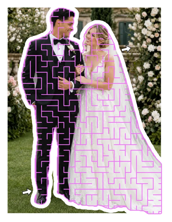 A wedding photograph of a bride and groom, their outline carved into a magenta maze