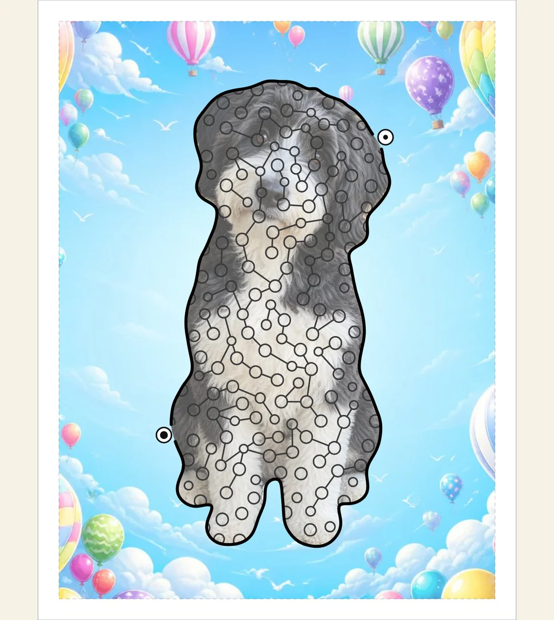A sheepadoodle photo carved into a maze on a balloon sky