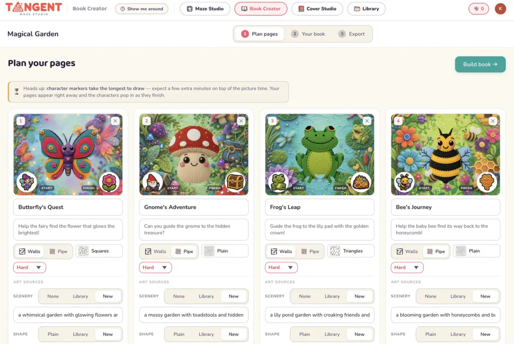 Plan pages: one card per maze page, each with its own title, caption, difficulty and art sources