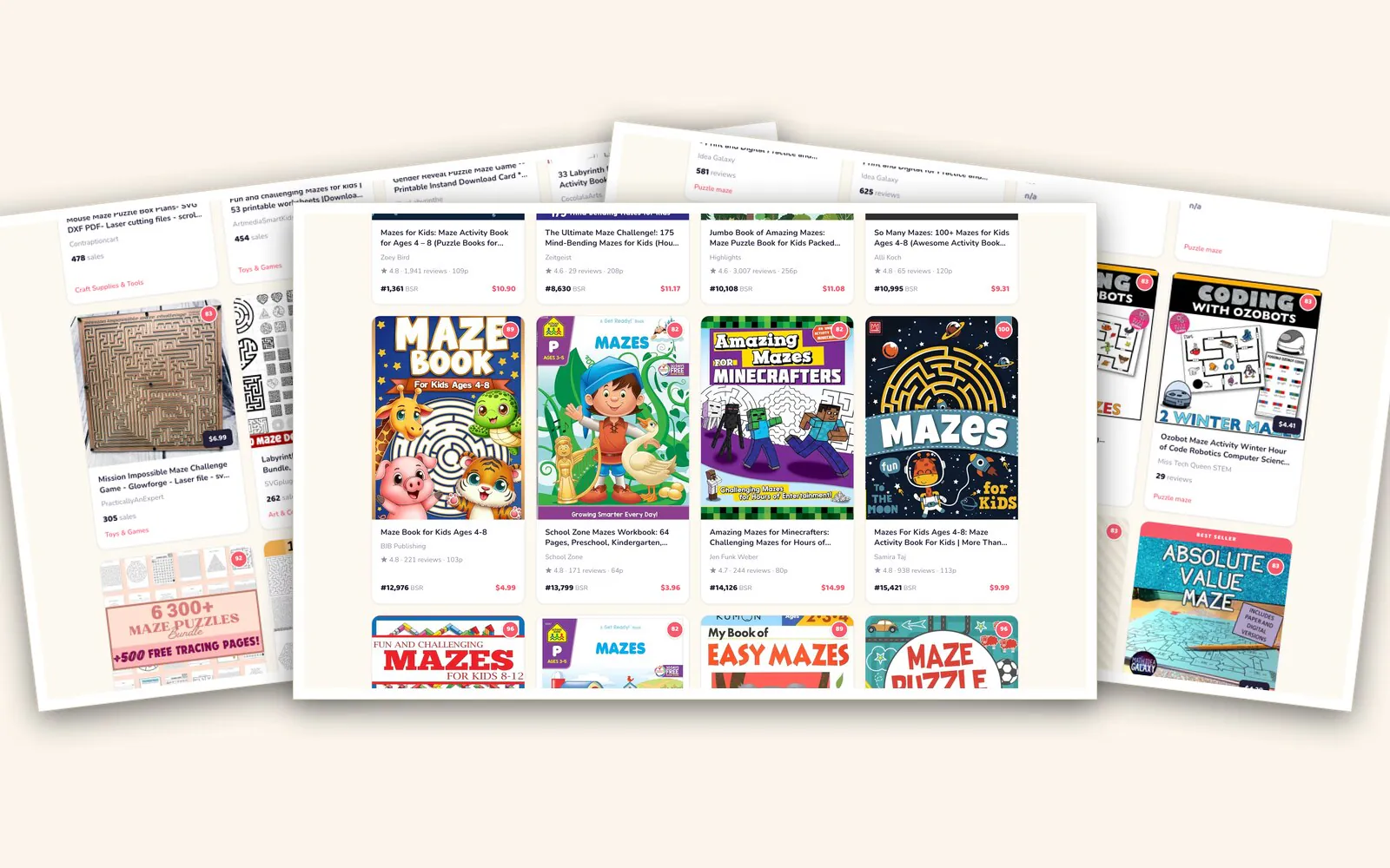 Three research dashboards fanned out: Amazon, Etsy and Teachers Pay Teachers, each a grid of real maze listings