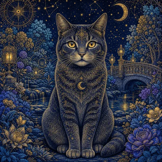 A cat drawn in navy and gold constellations