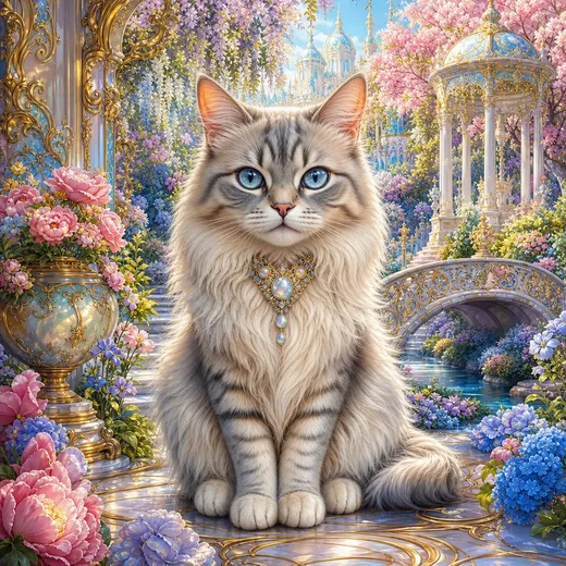A cat drawn in opalescent rococo ornament