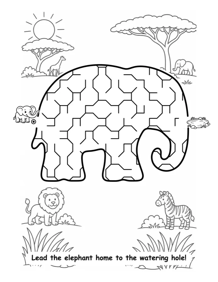 A black and white elephant maze on a savannah page, with a baby elephant at the start and a watering hole at the finish