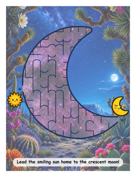 A crescent moon maze over a desert night sky, with a smiling sun at the start and a sleepy moon at the finish