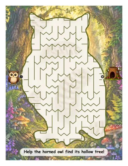 An owl maze in a sunlit forest, with an owl at the start and a hollow tree at the finish