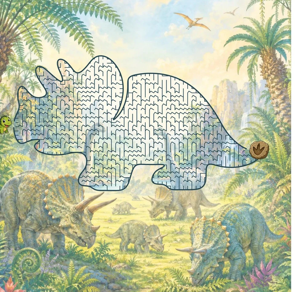 A triceratops maze in a sunlit fern valley, with a herd of triceratops grazing below and pterosaurs gliding overhead