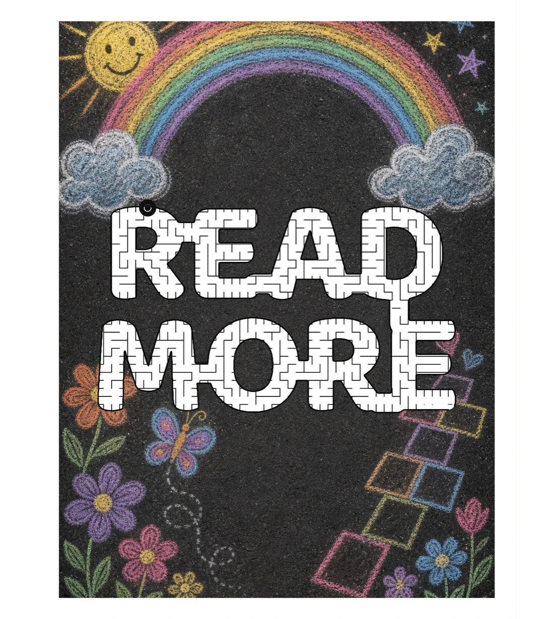 A READ MORE sight-word maze carved into a rainbow chalk sidewalk